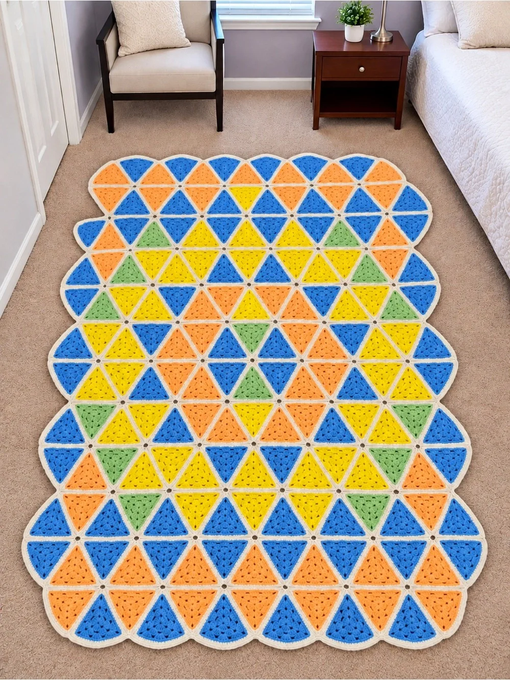 Vintage Handmade Crochet Triangle Afghan Blanket – Blue Yellow Orange Green